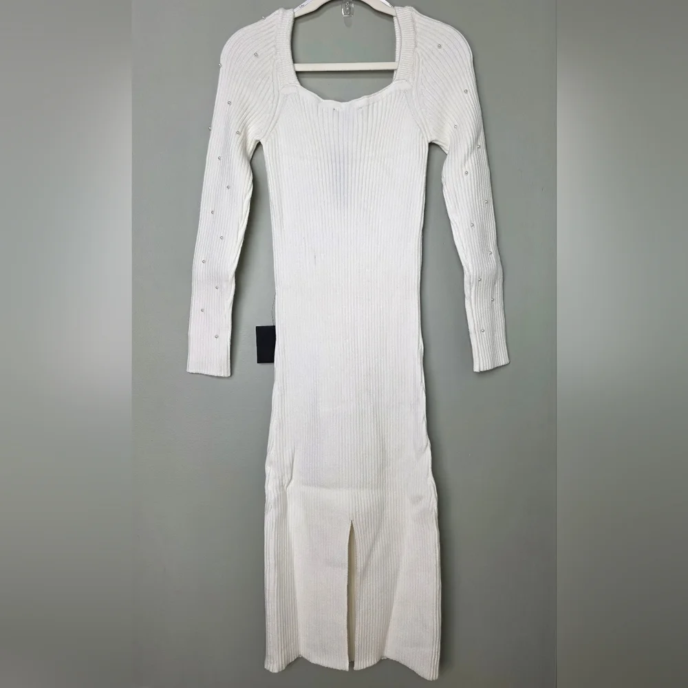 Lulus L Gleaming Babe White Ribbed Knit Pearl Midi Sweater Dress, Size Large
